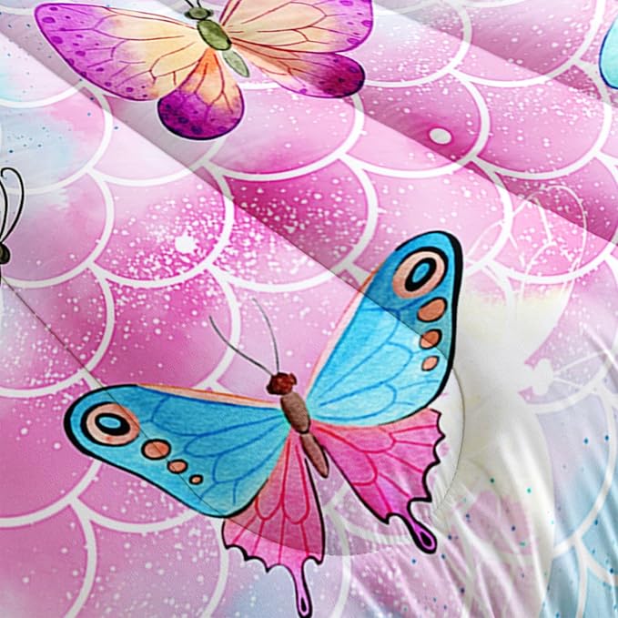 Datura home Kids Comforter Set Mermaid Scale Butterfly Printed Pattern Bedding Set with 1 Comforter and 2 Pillowcases for Girls Boys Bedroom All Season(Mermaid Full) - LeafyLoom