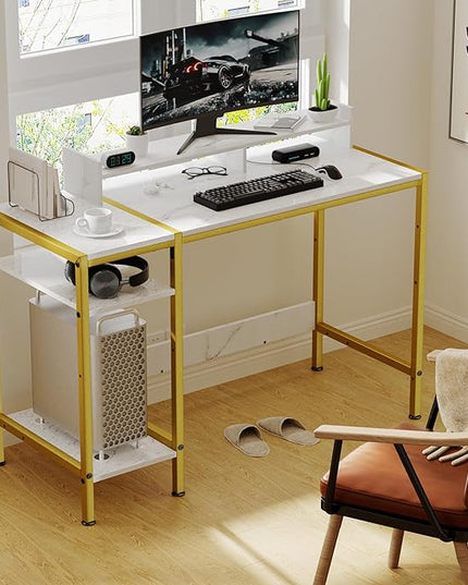 Gaming Desk with Monitor Stand, Storage and Marble Design - Adjustable Home Office Writing Desk - LeafyLoom