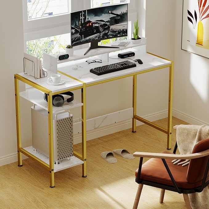 Gaming Desk with Monitor Stand, Storage and Marble Design - Adjustable Home Office Writing Desk - LeafyLoom