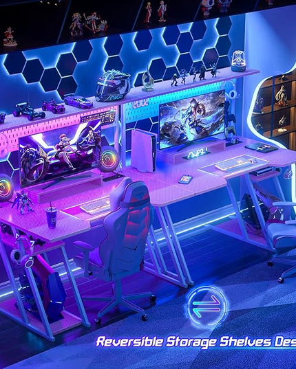 Gaming Computer Desk with Outlets and Storage Shelves, Pink Gaming Desk with Hutch and LED Lights, PC Gaming Desk with Pegboard for Bedroom, Carbon Fiber Pink, 47'' - LeafyLoom