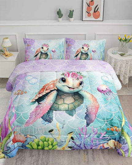 Datura home Kids Comforter Set Mermaid Scale Turtle Printed Pattern Bedding Set with 1 Comforter and 2 Pillowcases for Girls Boys Bedroom All Season(Turtle Twin) - LeafyLoom