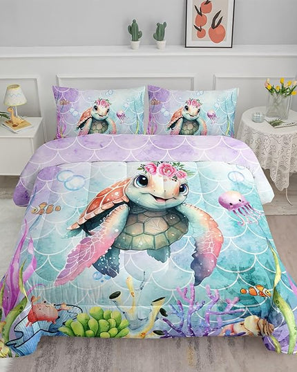 Datura home Kids Comforter Set Mermaid Scale Turtle Printed Pattern Bedding Set with 1 Comforter and 2 Pillowcases for Girls Boys Bedroom All Season(Turtle Queen) - LeafyLoom