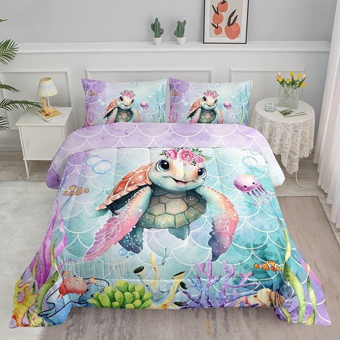 Kids Comforter Set Mermaid Scale Turtle Printed Pattern Bedding Set with 1 Comforter and 2 Pillowcases for Girls Boys Bedroom All Season(Turtle Full) - LeafyLoom