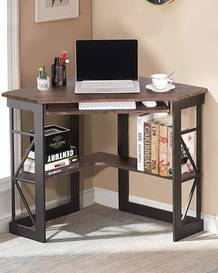 VECELO Corner Computer Desk 41 x 30 inches with Smooth Keyboard & Storage Shelves for Home Office Workstation, Rustic Natural Brown - LeafyLoom