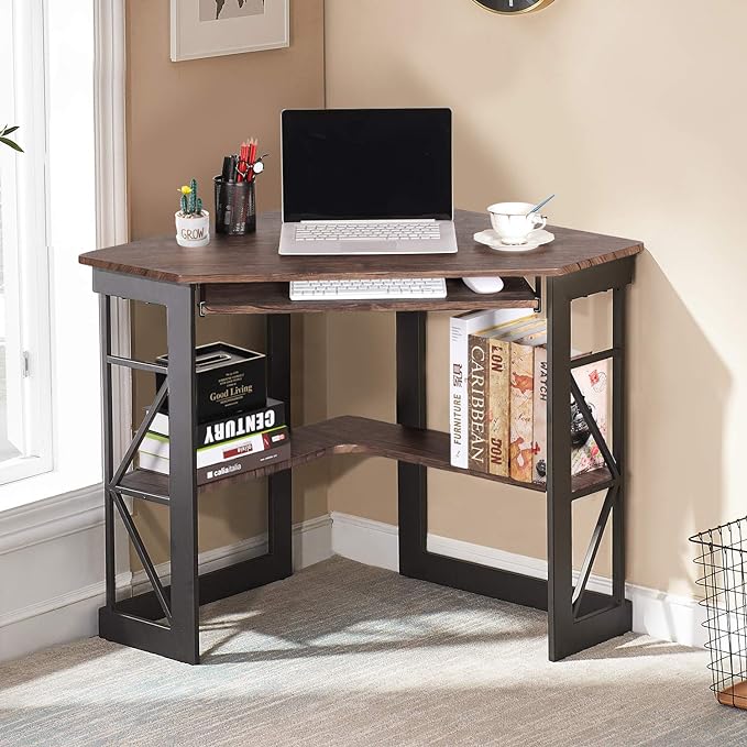 VECELO Corner Computer Desk 41 x 30 inches with Smooth Keyboard & Storage Shelves for Home Office Workstation, Rustic Natural Brown - LeafyLoom