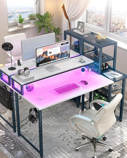 39.4'' Gaming Desk with LED and Storage Shelves, 39 Computer Desk with Long Monitor Stand, Small Desk for Small Space, Simple Study Student Writing Desk, Laptop Table for Home Office, White - LeafyLoom