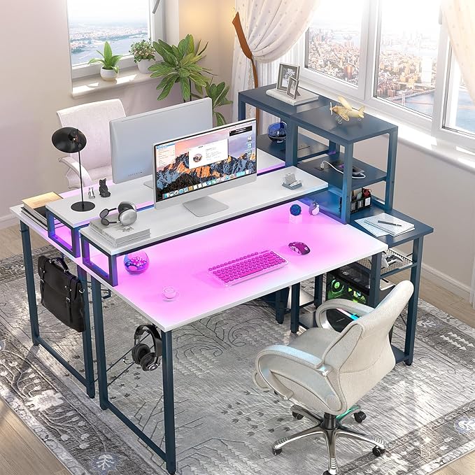 39.4'' Gaming Desk with LED and Storage Shelves, 39 Computer Desk with Long Monitor Stand, Small Desk for Small Space, Simple Study Student Writing Desk, Laptop Table for Home Office, White - LeafyLoom