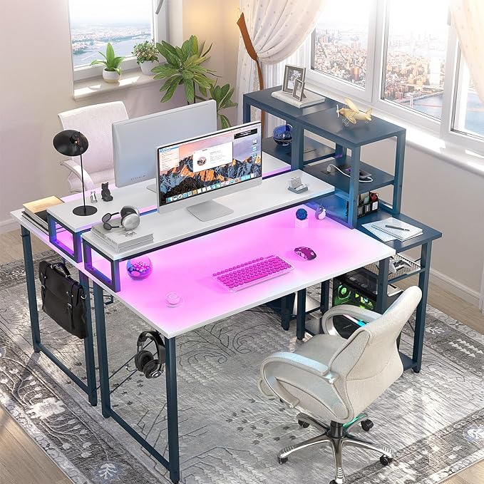 47.2'' Gaming Desk with LED and storage Shelves, 47 Computer Desk with Long Monitor Stand, Small Desk for Small Space, Simple Study Student Writing Desk, Laptop Table for Home Office, White - LeafyLoom