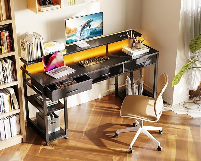 AODK 63 inch Computer Desk with 3 Drawers, Gaming Desk with LED Lights & Power Outlets, Home Office Desk with Storage Shelves & Monitor Stand, Modern Work Study Writing Table for Small Spaces, Black - LeafyLoom