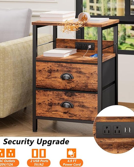 Furologee End Table with Charging Station, Nightstand with Fabric Drawers, Side Table with USB Ports & Outlets, Night Stand with Storage Shelf & Hooks, for Living Room/Bedroom, Rustic Brown - LeafyLoom