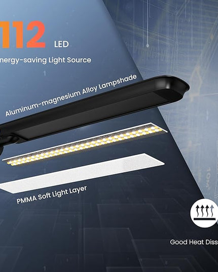 LED Desk Lamp with Clamp, 12W Eye-Caring Swing Arm Table Lamp, Stepless Dimming and Adjustable Color Temperature,Modern Architect Lamp with Memory and Timing Function for Study, Work, Home, Office - LeafyLoom
