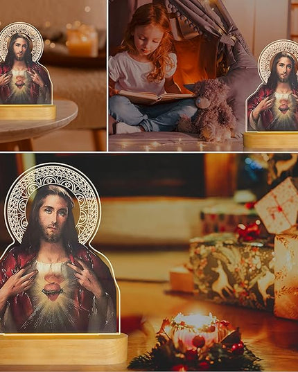 Catholic Gifts for Women, Sacred Heart of Jesus Picture Religious Gifts with Warm Yellow Light for Home Decor, Christian Inspirations Godly Blessed Birthday Gifts for Mother Grandma Men Lady - LeafyLoom