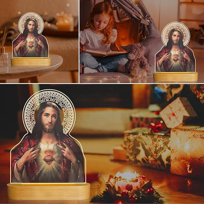 Catholic Gifts for Women, Sacred Heart of Jesus Picture Religious Gifts with Warm Yellow Light for Home Decor, Christian Inspirations Godly Blessed Birthday Gifts for Mother Grandma Men Lady - LeafyLoom