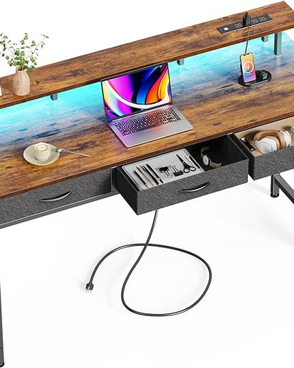55 inch Computer Desk with 3 Drawers, Office Desk Gaming Desk with LED Lights & Power Outlets, Home Office Desks with Storage Space for Bedroom, Work from Home, Rustic Brown - LeafyLoom