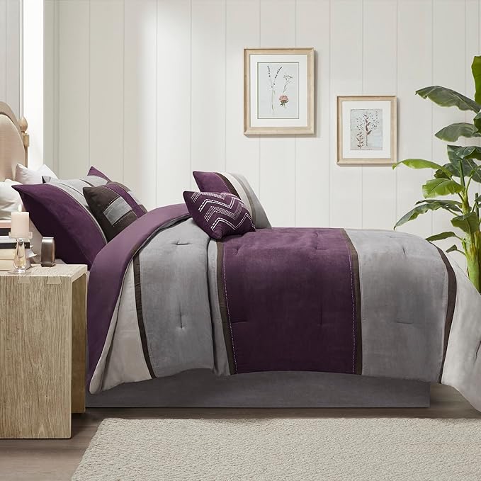 Madison Park Palisades Comforter Set Modern Faux Suede Pieced Stripe Design, All Season Down Alternative Cozy Bedding with Matching Shams, Decorative Pillows, King(104"x92"), Purple 7 Piece - LeafyLoom
