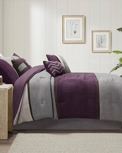 Madison Park Palisades Comforter Set Modern Faux Suede Pieced Stripe Design, All Season Down Alternative Cozy Bedding with Matching Shams, Decorative Pillows, Queen(90"x90"), Purple 7 Piece - LeafyLoom
