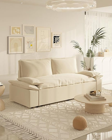 3 in 1 Oversized Love Seat Sofá Convertible Queen Size Sofabed with 2 Lumbar Pillows, Loveseat Sofa W/Pull Out Sleeper Couch Bed for Home,Office,Apartment,RV Living Room, 70.1", Beige - LeafyLoom