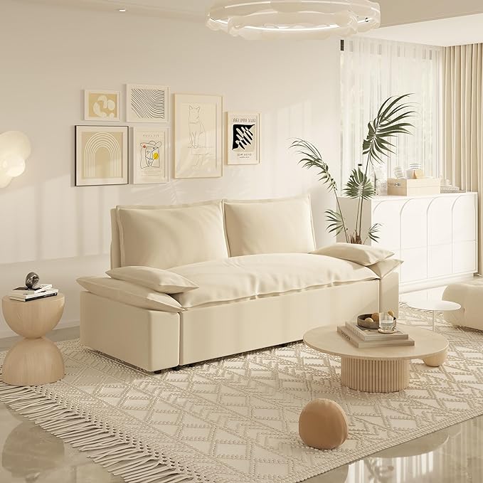 3 in 1 Oversized Love Seat Sofá Convertible Queen Size Sofabed with 2 Lumbar Pillows, Loveseat Sofa W/Pull Out Sleeper Couch Bed for Home,Office,Apartment,RV Living Room, 70.1", Beige - LeafyLoom