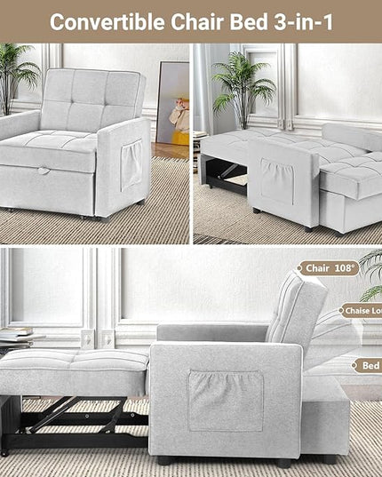4-in-1 Convertible Sleeper Sofa, Single Pull Out Couch Chair with 6-Level Adjust Backrest Loveseat with Storage and Pillows, Modern Recliner for Living Room Apartment Office, White - LeafyLoom