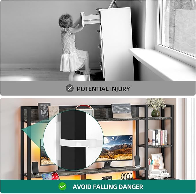 DWVO Computer Desk with Drawers & Hutch, 59.1" Office Desk with Power Outlets & LED Lights, Home Office Desk with Storage Shelves, Grey - LeafyLoom