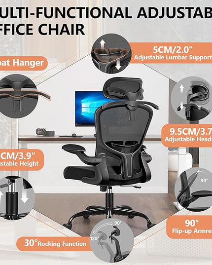 FelixKing Office Chair with Headrest, Ergonomic Desk Chair with Wheels, Task Swivel Comfy Chair with Adjustable Lumbar Support, Breathable Mesh Computer Chair with flip-up Armrests (Black) - LeafyLoom