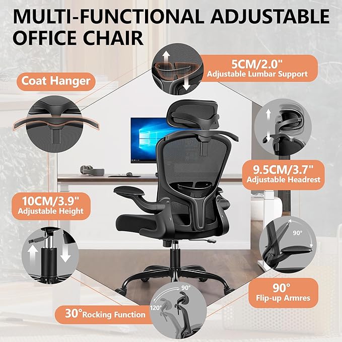 FelixKing Office Chair with Headrest, Ergonomic Desk Chair with Wheels, Task Swivel Comfy Chair with Adjustable Lumbar Support, Breathable Mesh Computer Chair with flip-up Armrests (Black) - LeafyLoom
