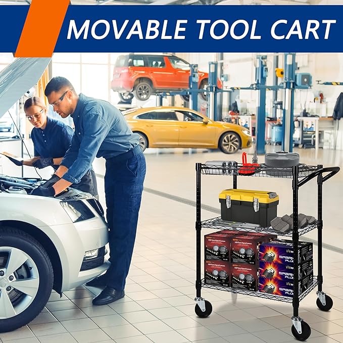 3 Tier Heavy Duty Rolling Utility Cart,18" D x 30" W x 36.6" H Rolling Carts with Wheels,Commercial Grade Metal Cart with Handle Bar & Shelf Liner,Trolley Serving Storage Cart for Kitchen Black - LeafyLoom