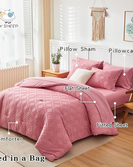 7 Pieces Tufted Bed in a Bag Queen Comforter Set with Sheets Pink, Soft and Embroidery Shabby Chic Boho Bohemian, Luxury Solid Color with Diamond Pattern, Jacquard Tufts Bedding Set for All Season - LeafyLoom