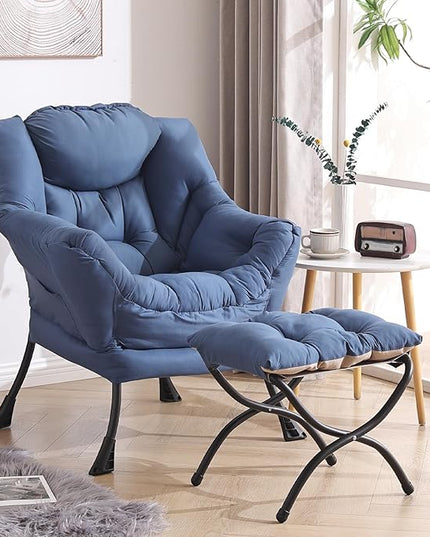 Welnow Lazy Chair with Ottoman, Modern Lounge Accent Chair with Armrests and a Side Pocket, Leisure Sofa Chair Set, Reading Chair with Footrest for Small Space, Corner Chair, Royal Blue - LeafyLoom