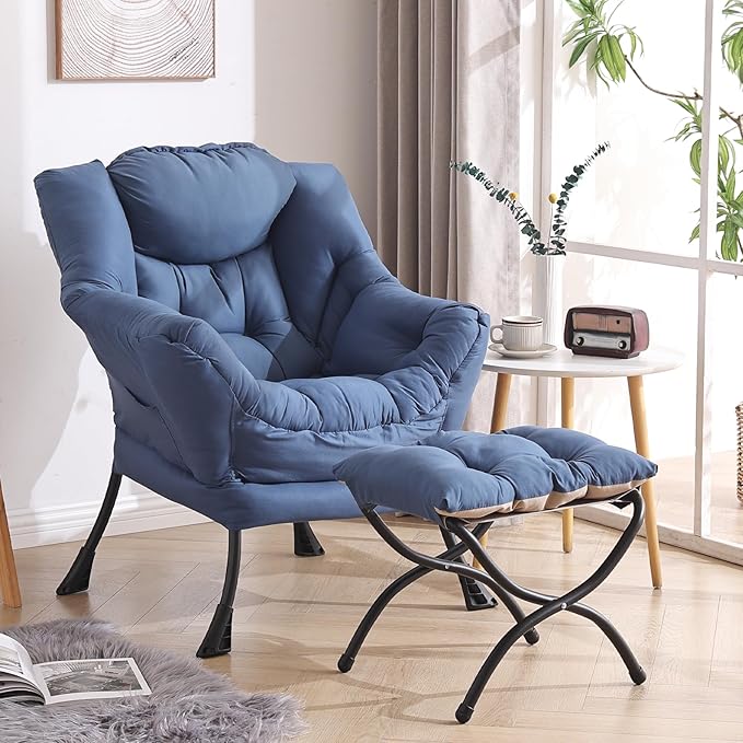 Welnow Lazy Chair with Ottoman, Modern Lounge Accent Chair with Armrests and a Side Pocket, Leisure Sofa Chair Set, Reading Chair with Footrest for Small Space, Corner Chair, Royal Blue - LeafyLoom