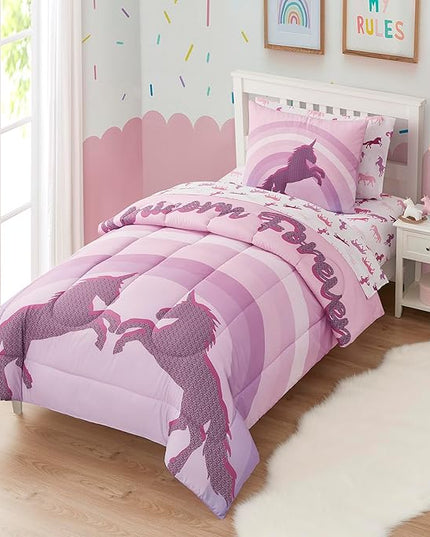 Kids Bedding Set Bed in a Bag for Boys and Girls Toddlers Printed Sheet Set and Comforter, Twin, Unicorn Forever - LeafyLoom