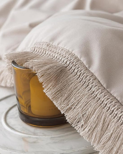Andency Oatmeal Comforter Set Full Size, 3 Pieces Boho Tassel Lightweight Bedding Comforter Sets, All Season Soft Fluffy Fringe Bed Set (79x90In Comforter & 2 Pillowcases) - LeafyLoom