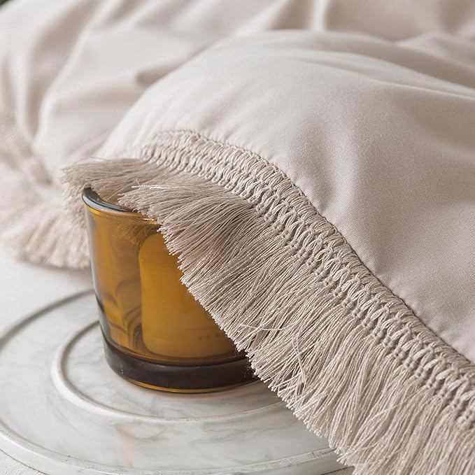 Andency Oatmeal Comforter Set Full Size, 3 Pieces Boho Tassel Lightweight Bedding Comforter Sets, All Season Soft Fluffy Fringe Bed Set (79x90In Comforter & 2 Pillowcases) - LeafyLoom