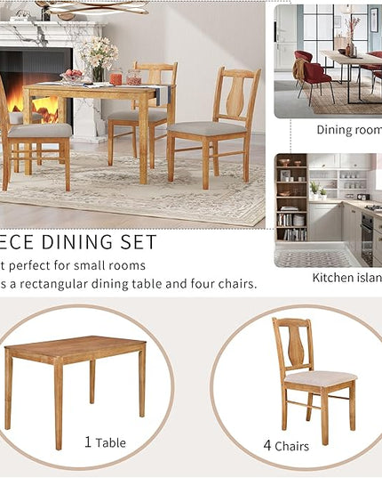Minimalist Style, Wooden Rectangular 4 Upholstered Chairs and 1, Easy to Assembly, Room, Kitchen, Natural Wood, 5 Piece Dining Table Set - LeafyLoom