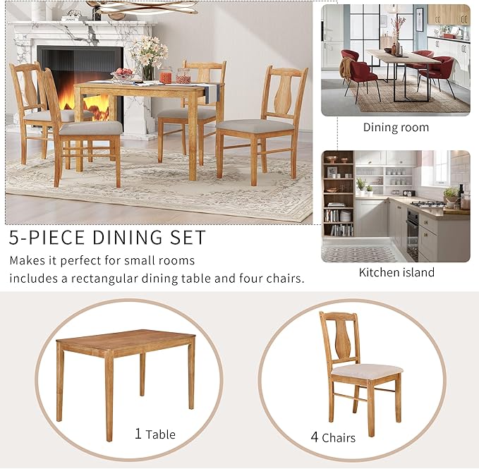 Minimalist Style, Wooden Rectangular 4 Upholstered Chairs and 1, Easy to Assembly, Room, Kitchen, Natural Wood, 5 Piece Dining Table Set - LeafyLoom