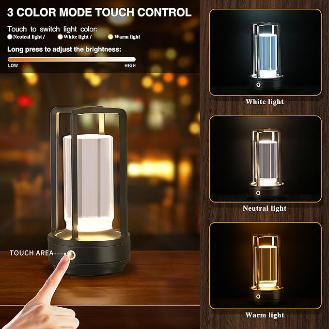 Portable Metal Table Lamp,Cordless Table Lamp, Rechargeable Battery Powered Portable LED Desk Lamp, 3 Color Stepless Dimming Touch, for Bedroom Restaurant Home Outdoor(Black) - LeafyLoom