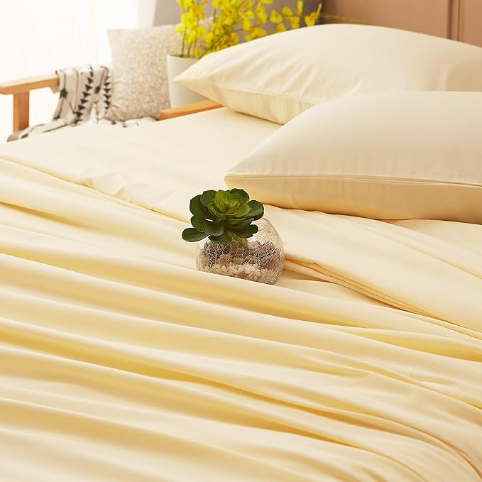 SONORO KATE Bed Sheet Set Super Soft Microfiber 1800 Thread Count Luxury Egyptian Sheets 18-Inch Deep Pocket Wrinkle-4 Piece(Queen Ivory) - LeafyLoom