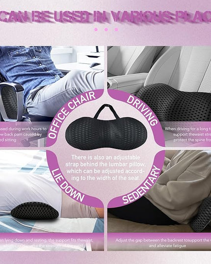Lumbar Support Pillow - Memory Foam for Low Back Pain Relief, Ergonomic Streamline Car Seat, Office Chair, Recliner and Bed (Upgrade Black) - LeafyLoom