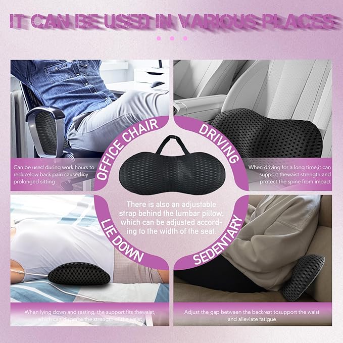 Lumbar Support Pillow - Memory Foam for Low Back Pain Relief, Ergonomic Streamline Car Seat, Office Chair, Recliner and Bed (Upgrade Black) - LeafyLoom