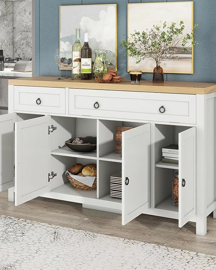 59.1" Retro Style Large Storage Space Sideboard with Flip Door and 1 Drawer,Multifunctional Buffet, w/ 4 Height-Adjustable Cabinets,for Dining, Living Room,Brown+Antique White - LeafyLoom