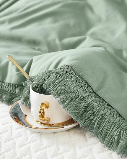 Litanika Sage Green Comforter Queen Set, Boho Tassel Comforter Aesthetic 3 Pieces, Lightweight Fringe Microfiber Bedding Set for All Season(1 Comforter 90x90 inch, 2 Pillowcases) - LeafyLoom