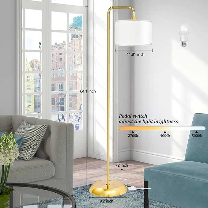 [Upgraded] LED Floor Lamp for Living Room, 3 Color Temperature Floor Lamp with Foot Switch Modern Standing Lamp Tall Pole Floor Reading Lamp for Bedroom, Study Room, Office, 9W Bulb Included, Gold - LeafyLoom