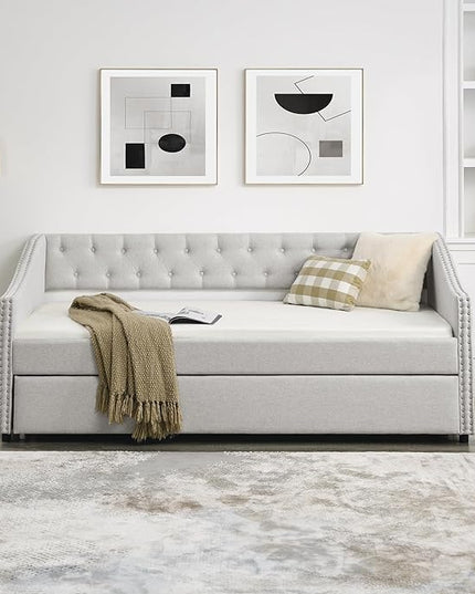 Twin Size Upholstered Daybed with Trundle, Wooden Sofa Bed w/Button Tufted Backrest and Waved Shape Arms, Space-Saving Design, No Box Spring Needed, for Living Room, Bedroom, Dorm, Beige - LeafyLoom