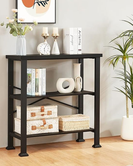 HOMBAZAAR Bookshelf, 3-Tier Vintage Industrial Book Shelf, Rustic Wood and Metal Bookcase and Bookshelves, Free Standing Storage Small Bookshelf for Living Room, Bedroom and Kitchen, Black - LeafyLoom
