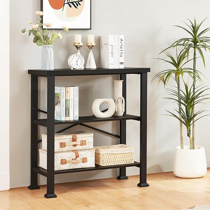 HOMBAZAAR Bookshelf, 3-Tier Vintage Industrial Book Shelf, Rustic Wood and Metal Bookcase and Bookshelves, Free Standing Storage Small Bookshelf for Living Room, Bedroom and Kitchen, Black - LeafyLoom