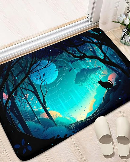 Cat Rug - Magic Black Cat Rug for Home Decor Moon Black Cat Rug for Boys Room Cat Door Mats Outdoor Entrance Forestscape Cat Rug, 2x3 Feet - LeafyLoom