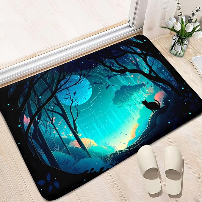 Cat Rug - Magic Black Cat Rug for Home Decor Moon Black Cat Rug for Boys Room Cat Door Mats Outdoor Entrance Forestscape Cat Rug, 2x3 Feet - LeafyLoom