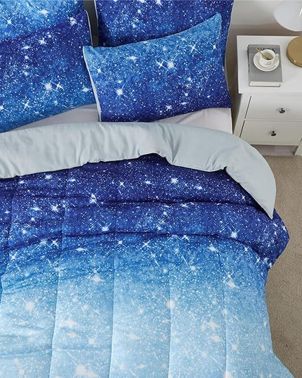 Blue Glitter Comforter Set Full/Queen Size for Boys Girls, Sparkle Galaxy Twinkle Starlight Kids Teen, 3 Piece Aqua Navy Ombre Bedding with 2 Pillow Cases(Blue,Queen), Queen(3-Piece) - LeafyLoom