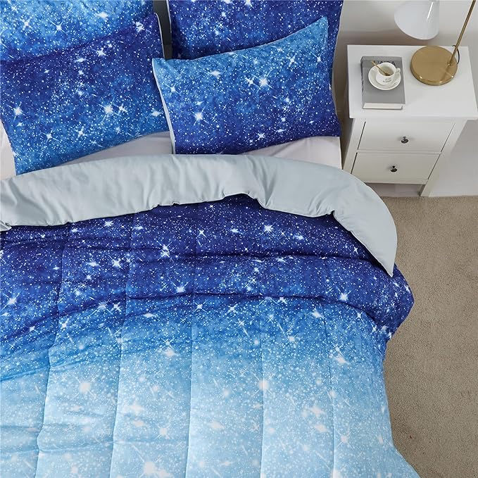 Blue Glitter Comforter Set Full/Queen Size for Boys Girls, Sparkle Galaxy Twinkle Starlight Kids Teen, 3 Piece Aqua Navy Ombre Bedding with 2 Pillow Cases(Blue,Queen), Queen(3-Piece) - LeafyLoom