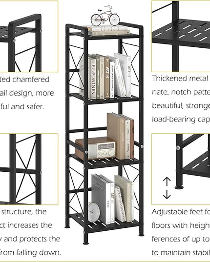 JSB 4 Tier Metal Bookshelf Bathroom Storage Standing Shelf Unit Kitchen Storage Organizer Display Rack Bookcases Shelves for Living Room, Bedroom, Office (Black, 4 Tier) - LeafyLoom